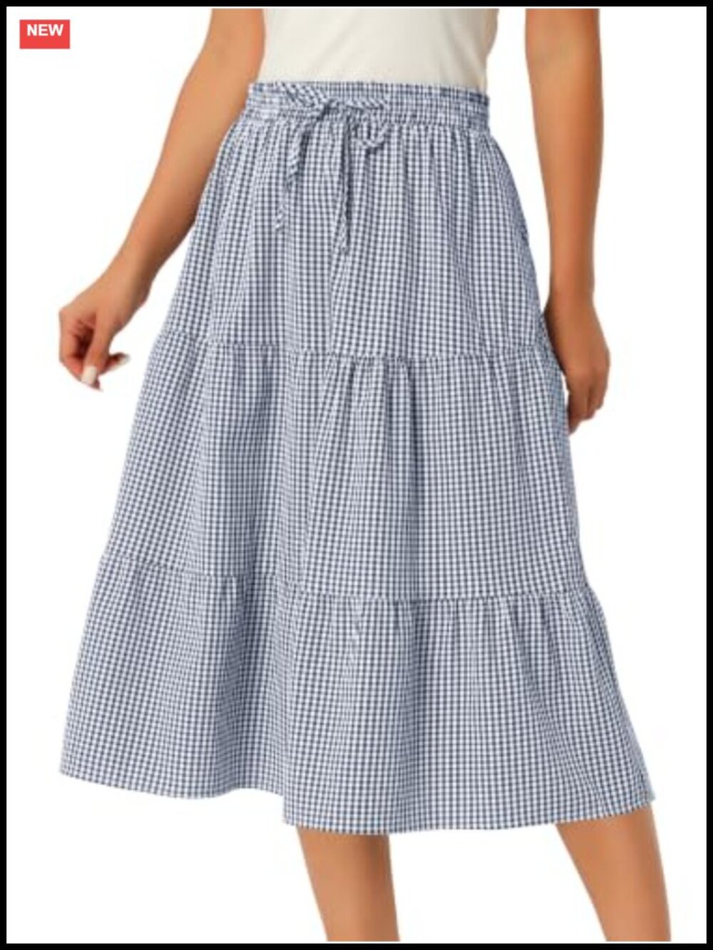 Womens Gingham Plaid A-Line Tiered Midi Skirt Polyester Spandex